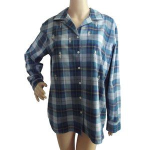 Karen Scott Sport Medium Blue Teal Plaid Embroirdered Floral Shirt blouse top m
